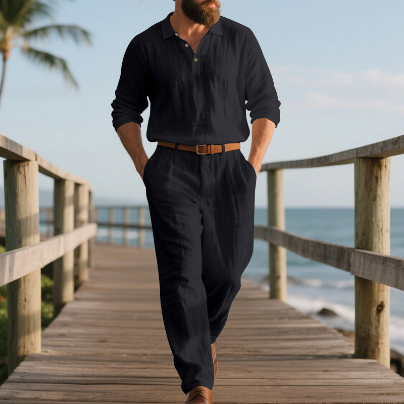 Men's Linen POLO Long-sleeved Trousers Casual Suit Solid Color Two-piece Set